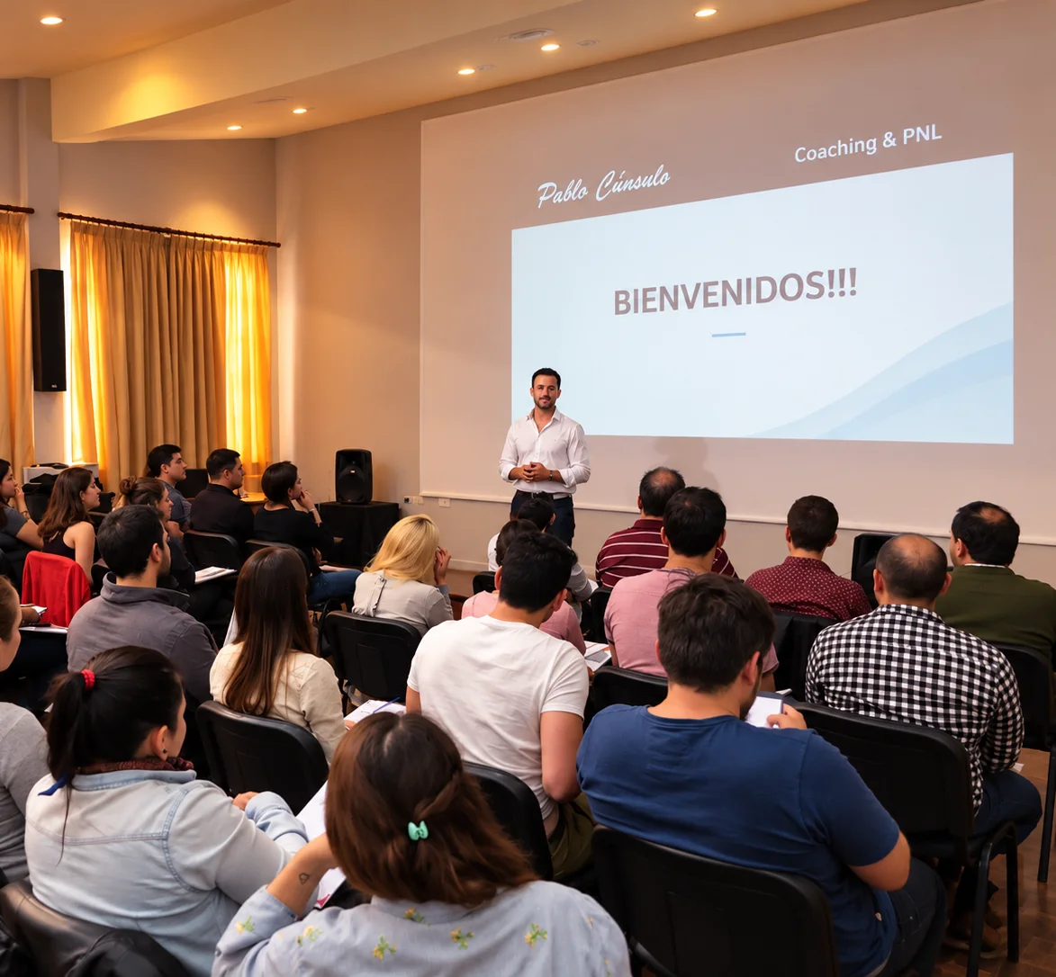 Pablo Cúnsolo dando un seminario de Coaching y PNL ante alumnos en un salón